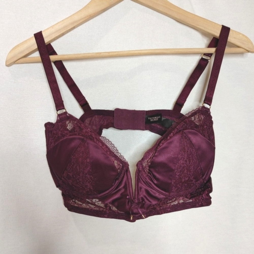 Victoria's Secret Very Sexy‎ Padded Demi Bustier Long Line Bra 34DD Merlot Satin
